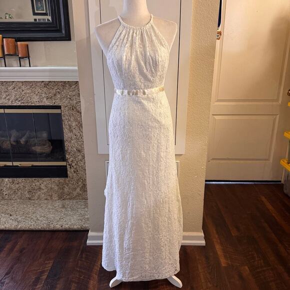GALINA Illusion Lace Halter Sheath Wedding Boho Dress Altered Size 4 Ivory - Picture 2 of 16
